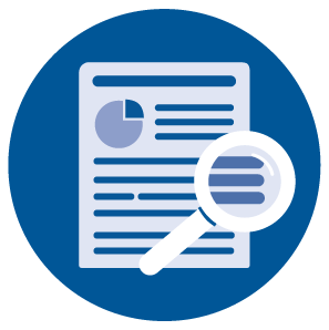 Illustration of a magnifying glass over paperwork that has a pie chart