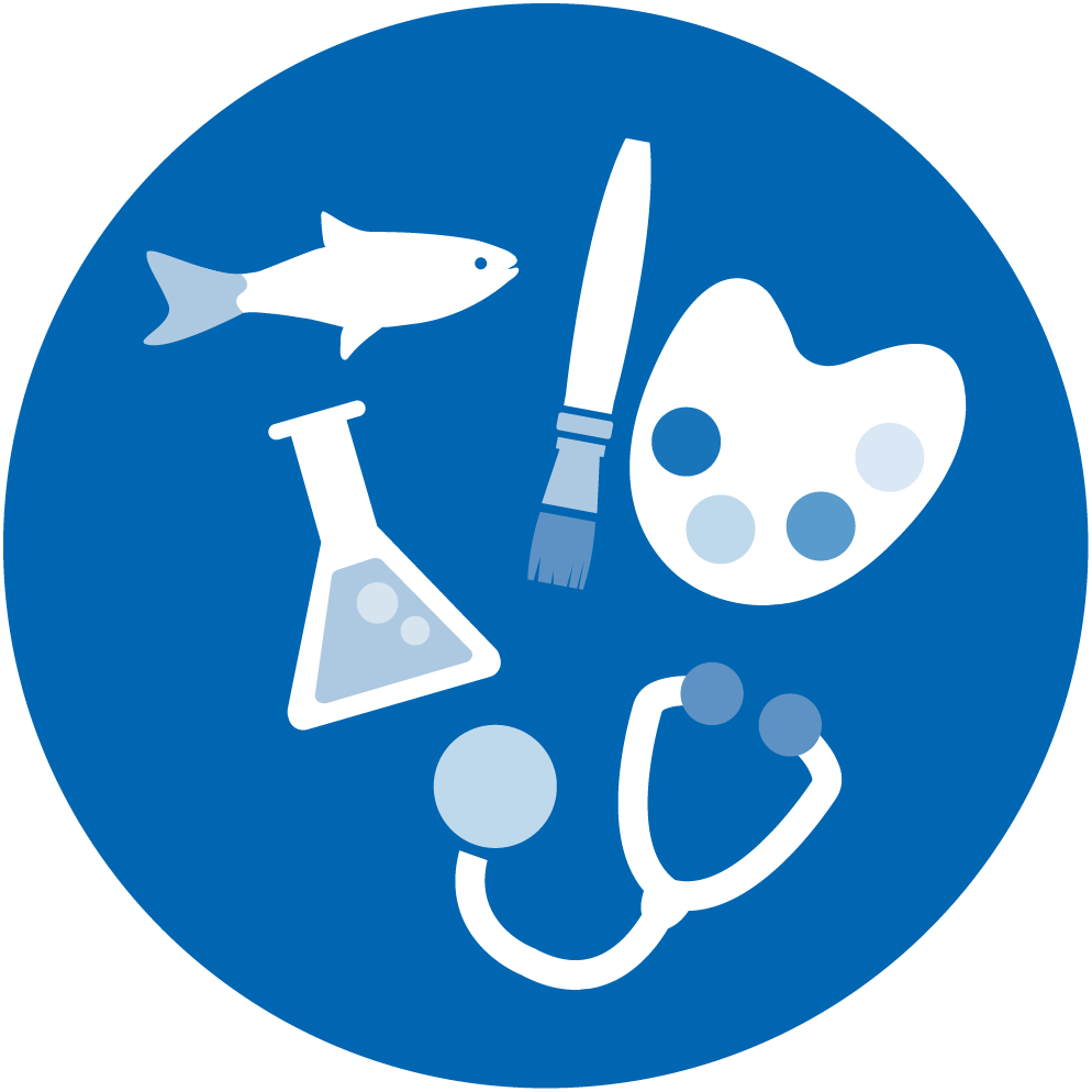 Icon depicting a fish, artist paint tray, beaker, and stethoscope 