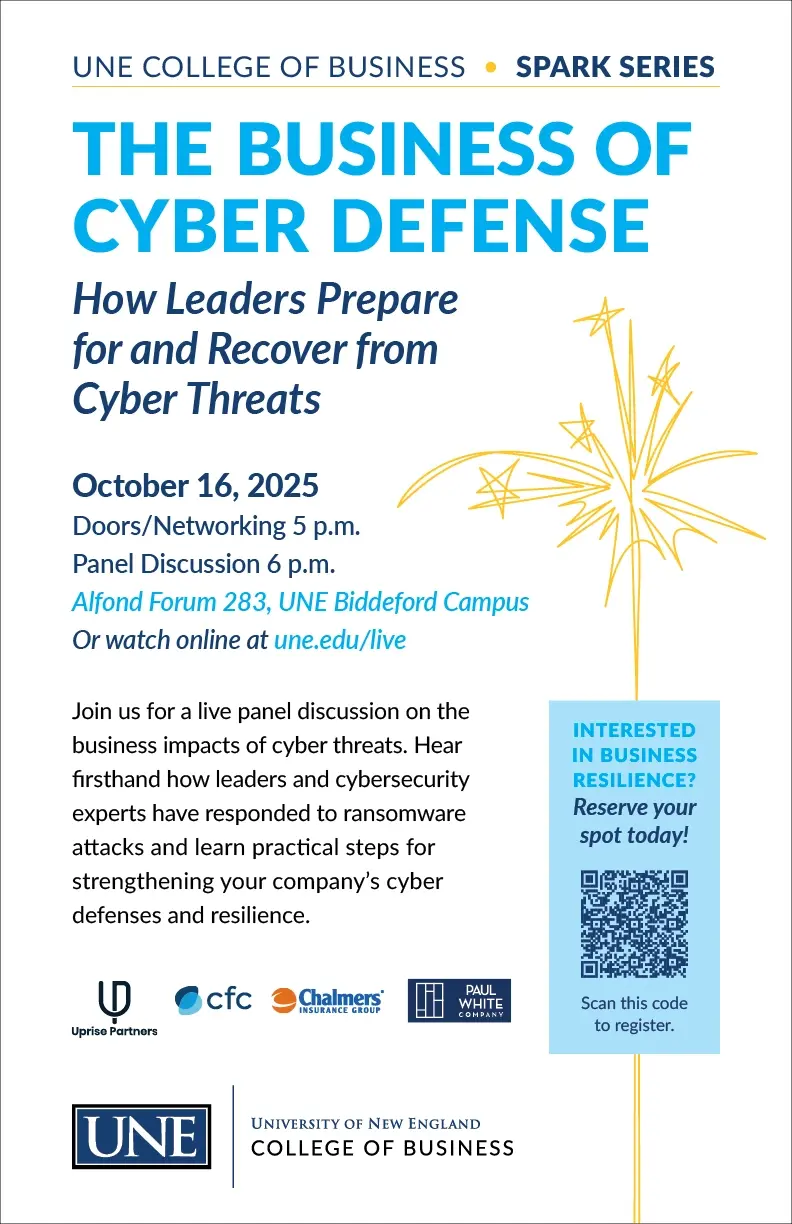 Poster for the College of Business' Spark Series: The Business of Cyber Defense