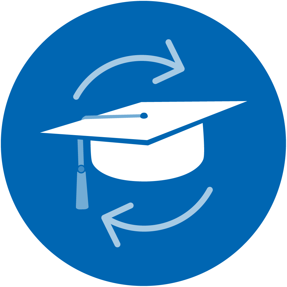 An icon of a graduation cap with arrows circling it