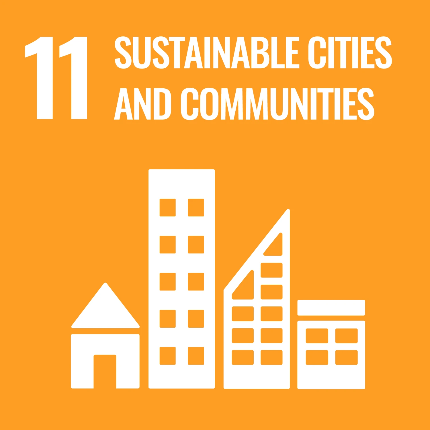 An illustration of city buildings and the text, "Sustainable Cities and Communities"