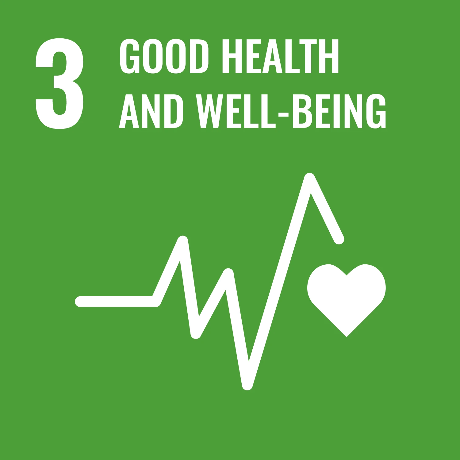 An illustration of an electrocardiogram waveform and a heart and the text, "Good Health and Well-Being"