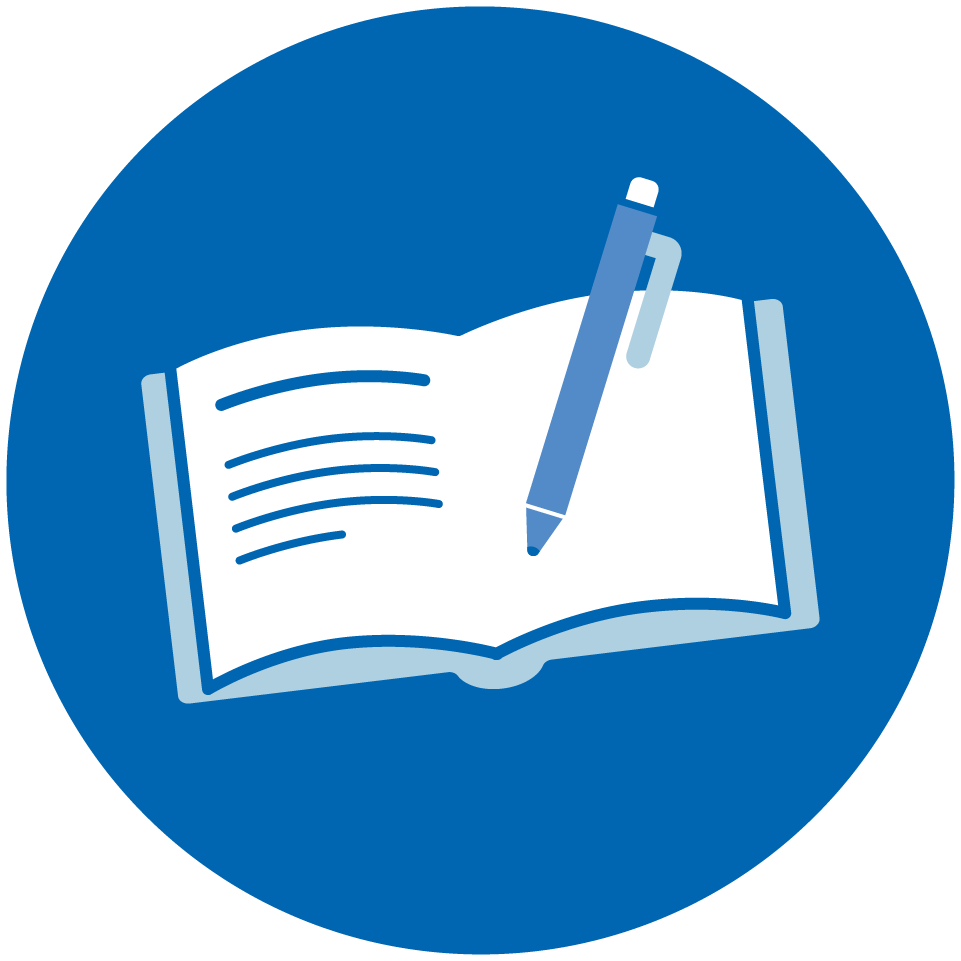 An illustration of a pen writing in an open notebook