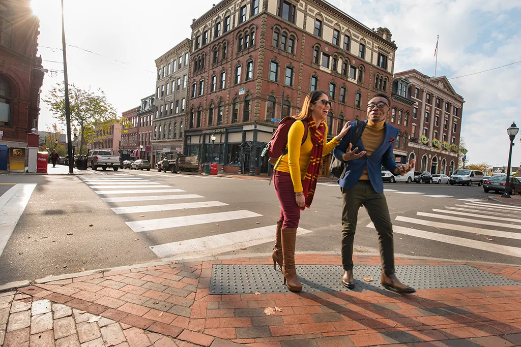 Brick buildings and cobblestone streets of downtown Portland, Maine