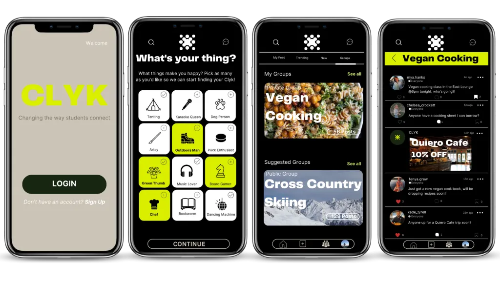 Pictured are four phone screens showing the working designs of the Clyk user interface