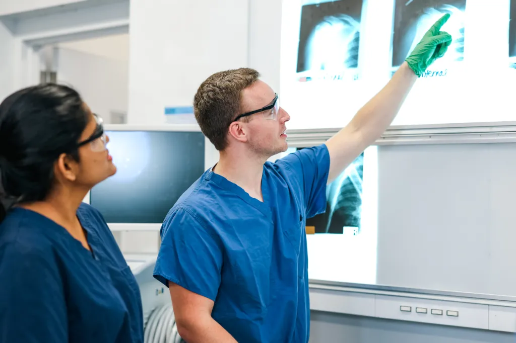 A student pointing to and explaining an x-ray image to another student