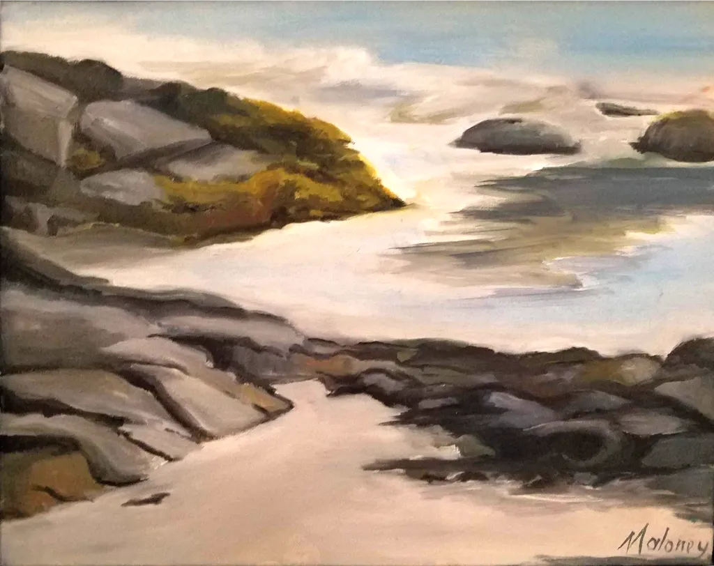 A painting of the ocean at low tide with rocks and the beach visible