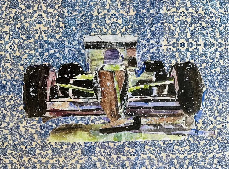 A painting of a Formula One race car created using thermochromic (color changing) paints