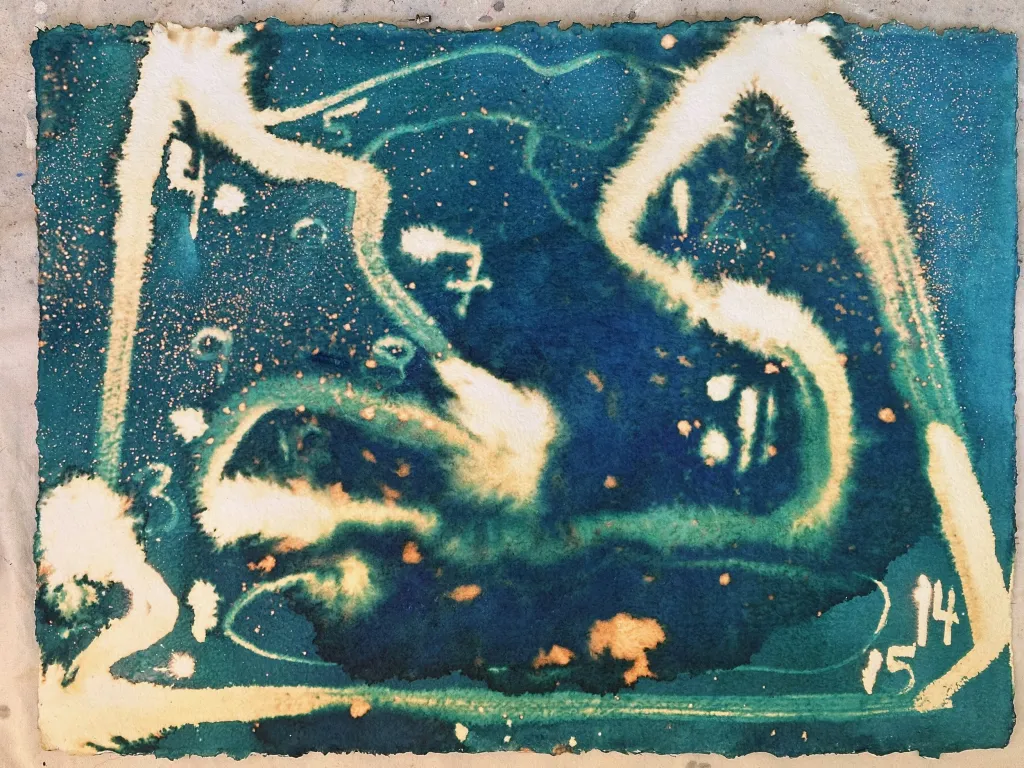 A depiction of a Formula 1 racing track made using Prussian blue pigment