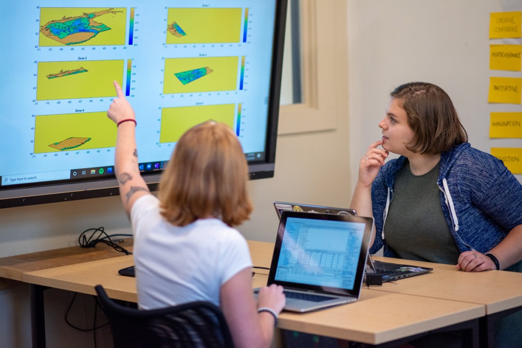 Two computer science students review five colorful graphs on a large screen
