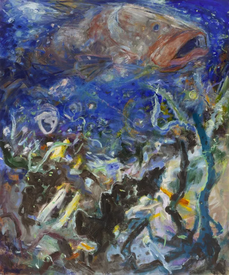 Liz Awalt, Feeding Station. oil on linen, 72x60" 2024