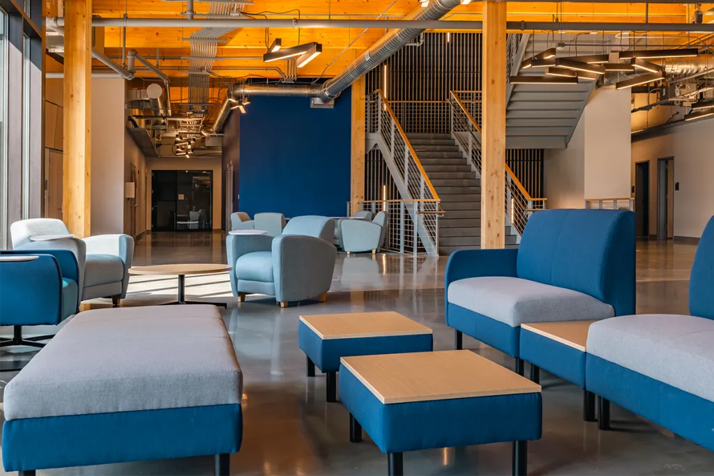 Interior of the second level of the Harold and Bibby Alfond Center for Health Sciences on U N E's Portland Campus for the Health Sciences