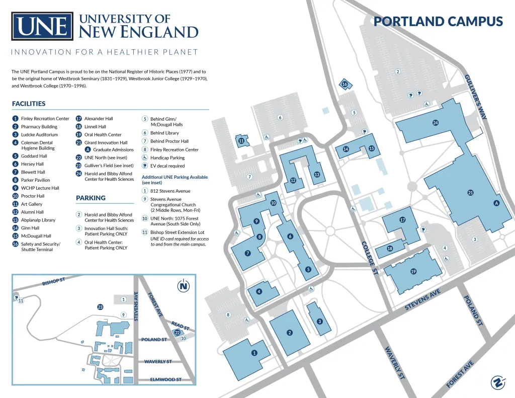 Map of parking spaces and buildings on the Portland Campus