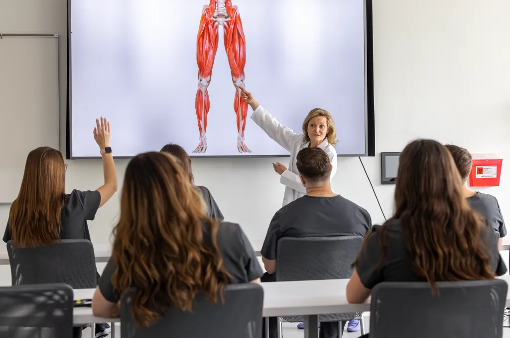 A physician assistant professor points to an image of leg muscles on a large monitor as several seated students raise their hands