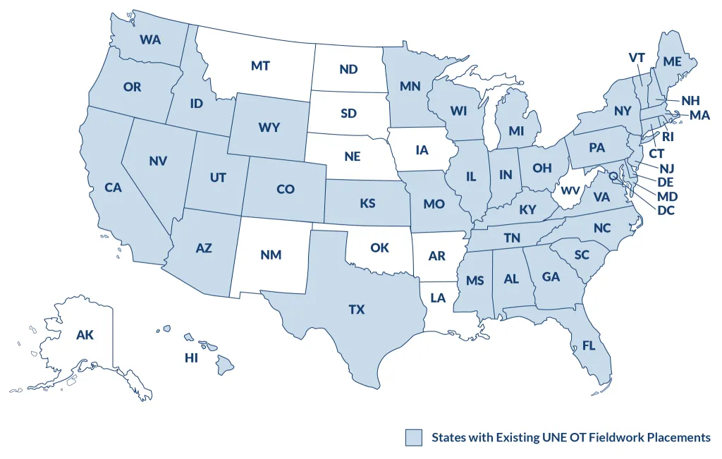 A map of the U.S. highlighting states where U N E occupational therapy students can participate in fieldwork opportunities