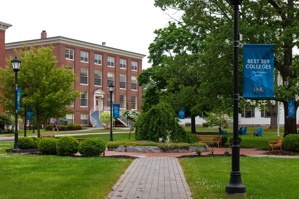 A tree-lined brick walkway on UNE's Portland campus quad in summer, with lamp post banners reading "Best 389 Colleges – The Princeton Review" and a historic red brick building in the background.