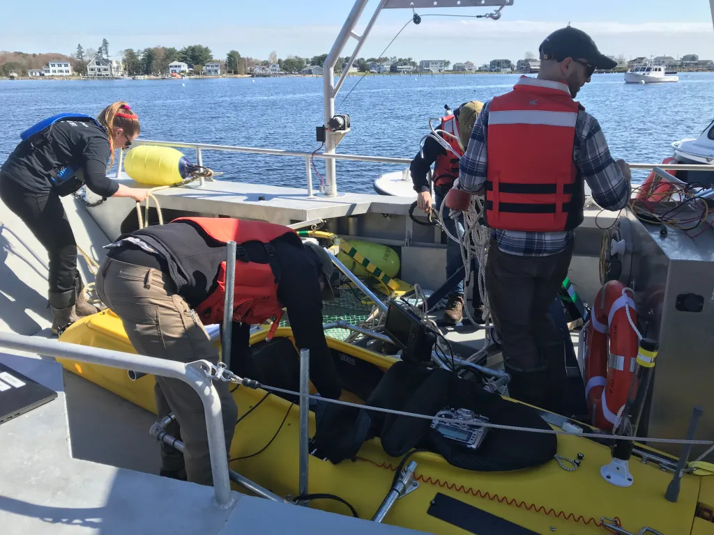Researchers from the Woods Hole Oceanographic Institute and UNE get equipment ready to take out to the seaweed farm