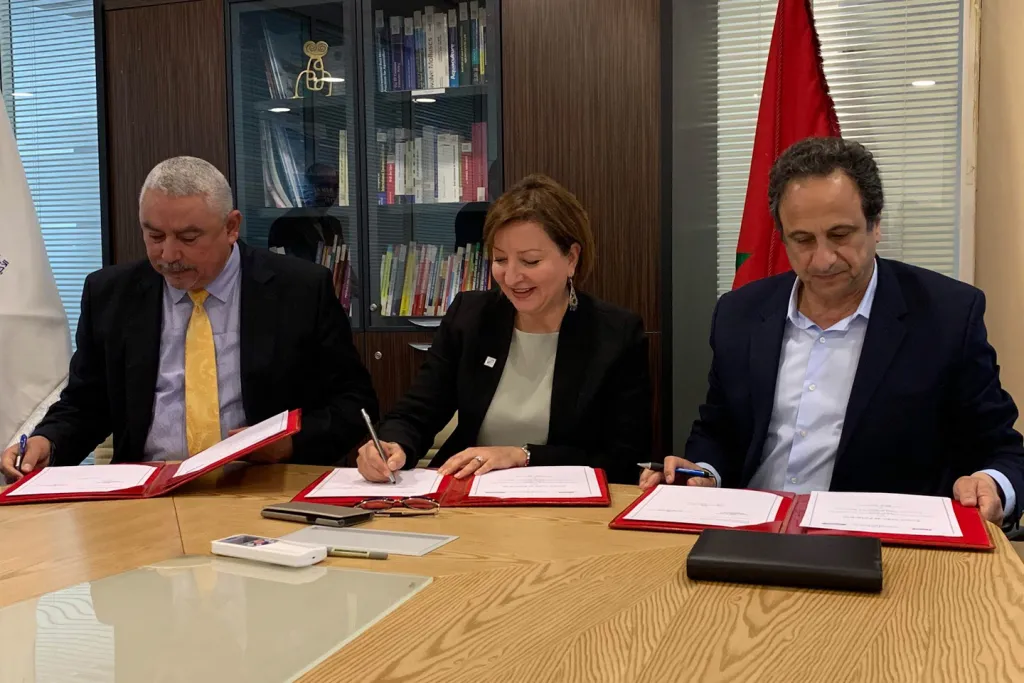Vice President for Global Affairs Anouar Majid signed the agreement on behalf of UNE in Rabat, Morocco