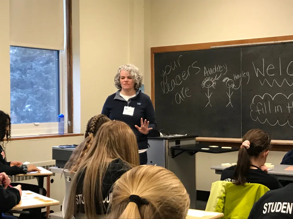 Audrey Bartholomew leads students through an exercise on identifying leadership qualities