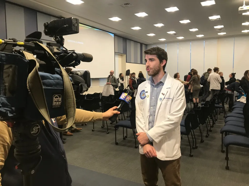 Student Brett Armstrong being interviewed by WMTW