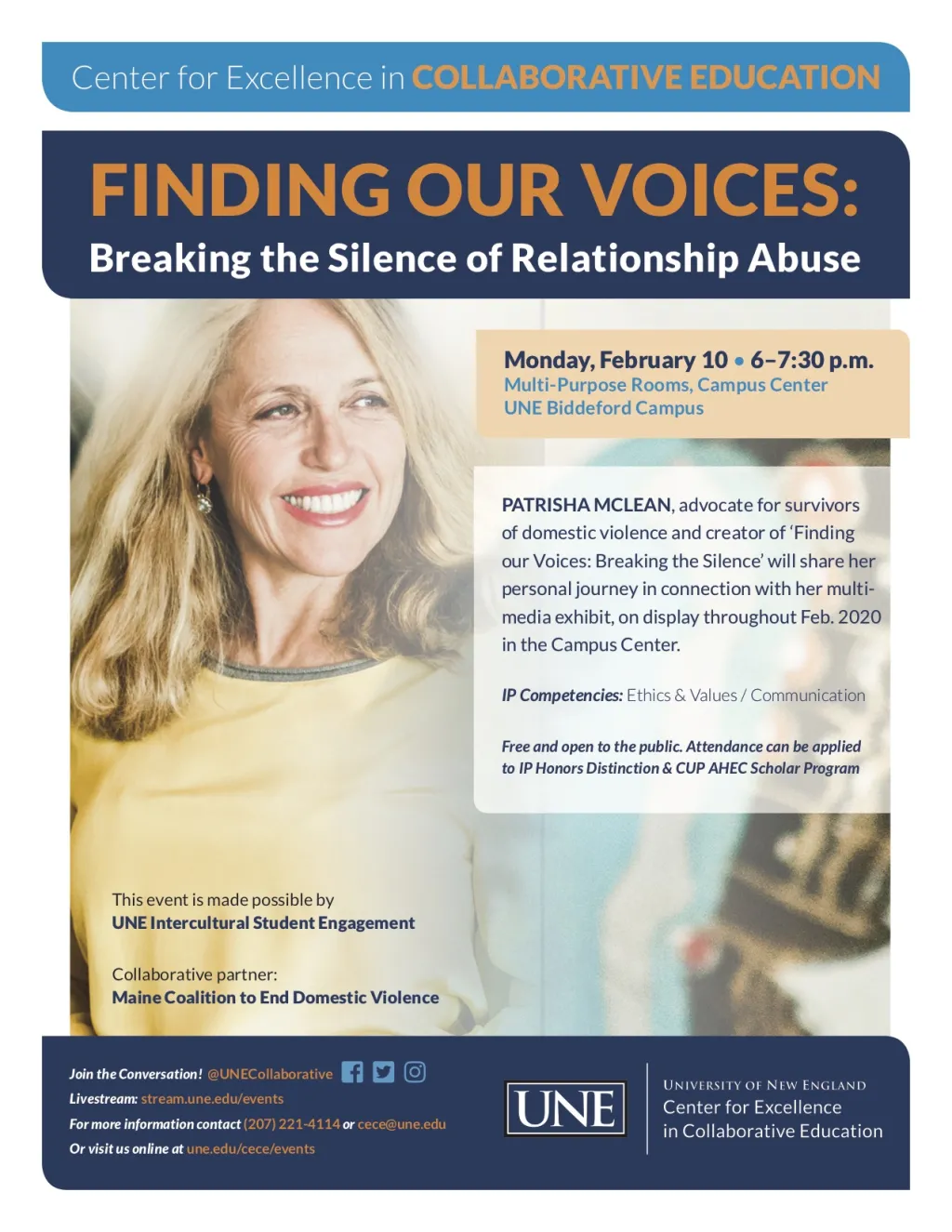 Patrisha McLean will talk about her exhibit "Finding Our Voices: Breaking the Silence of Intimate Partner Abuse"