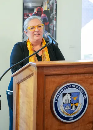 Gwendolyn Mahon, Provost, addressing attendees