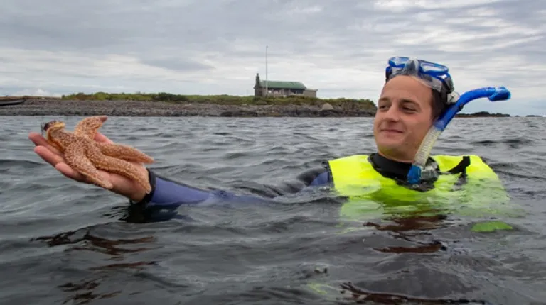 A student snorkeling gear holds a starfish above the ocean water