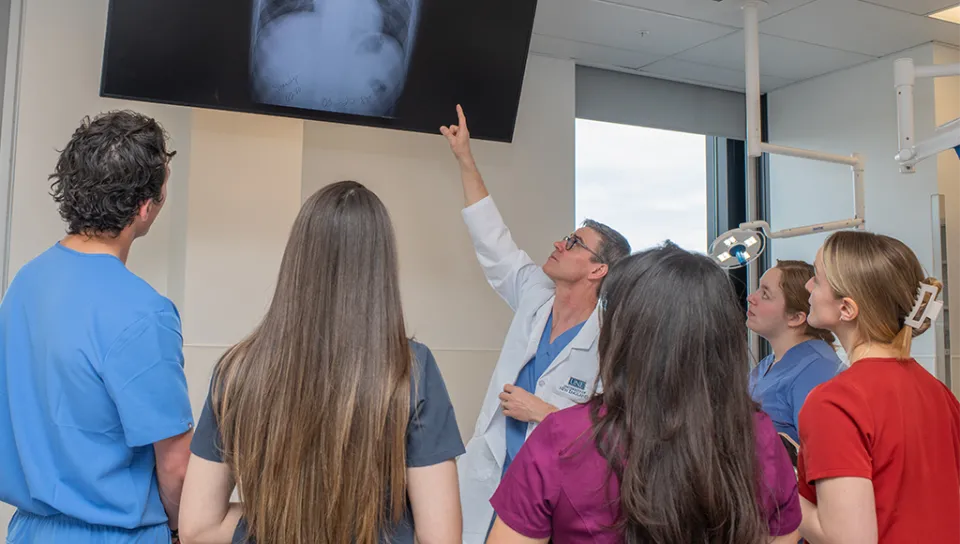 Health students and their professor review a chest x-ray in a lab