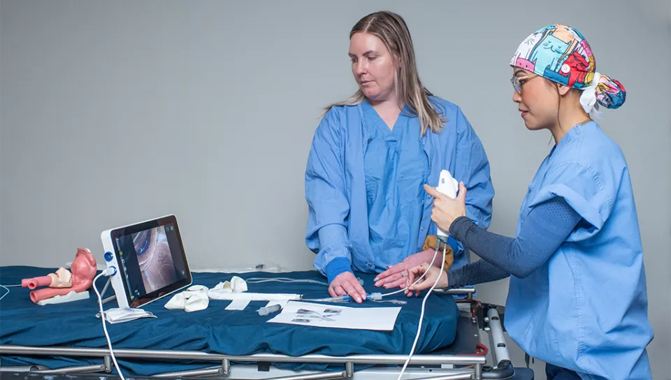 Two nursing anesthesia students practice moving a digital microscopic camera through a patient simulator