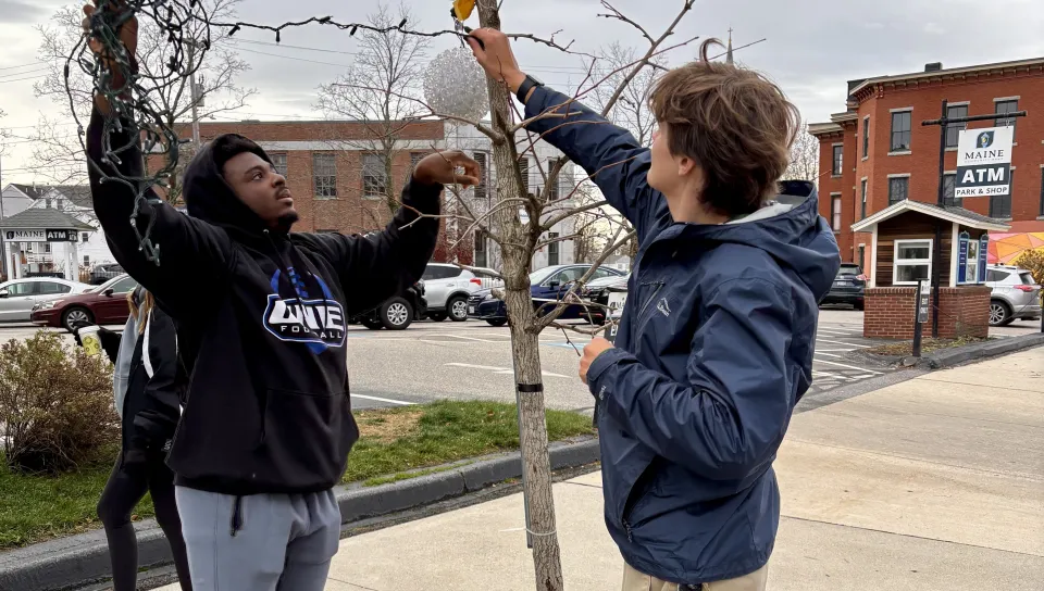 Since 2017, the University of New England students have volunteered to help the Heart of Biddeford non-profit decorate downtown Biddeford with holiday lights. This year, the light brigade showed up in force on Nov. 16 as 28 students climbed ladders up and down Main Street to help hang lights and decorate the town for the holidays.