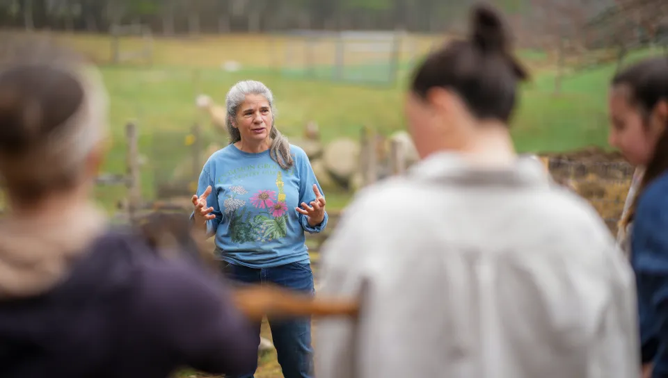 On April 14, University of New England Assistant Clinical Professor Emily Estell, M.P.H., RDN, LD, partnered with a local sheep-and-goat dairy farm in nearby Alfred to provide her nutrition students with an intimate, hands-on lesson in exactly how some local farmers work to support healthier food sources and a healthier planet.