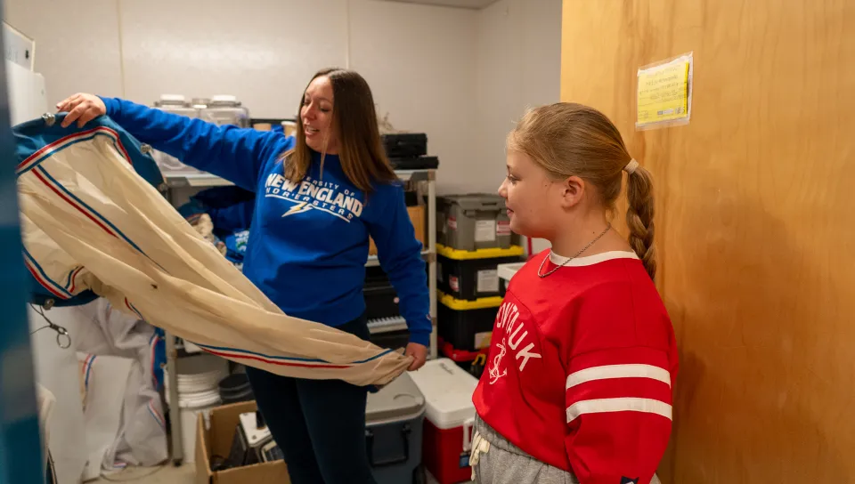 Assistant Professor Tricia Thibodeau and third-year marine science major Piper Stagg took time to lead a private tour of the Arthur P. Girard Marine Science Center for a 10-year-old aspiring researcher, carrying on a legacy of discovery throughout the next generation of scientists.