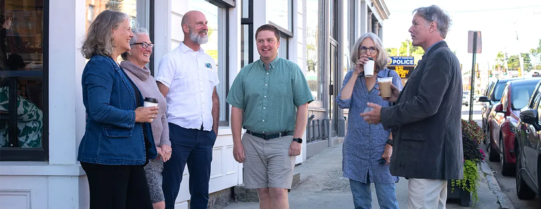 Delilah Poupore, Heart of Biddeford; Alethea Cariddi, UNE; Brad Favreau, City of Biddford; Will Kotchtitzky, UNE; Michele Polacsek, UNE; and Cameron Wake, UNE tour the city