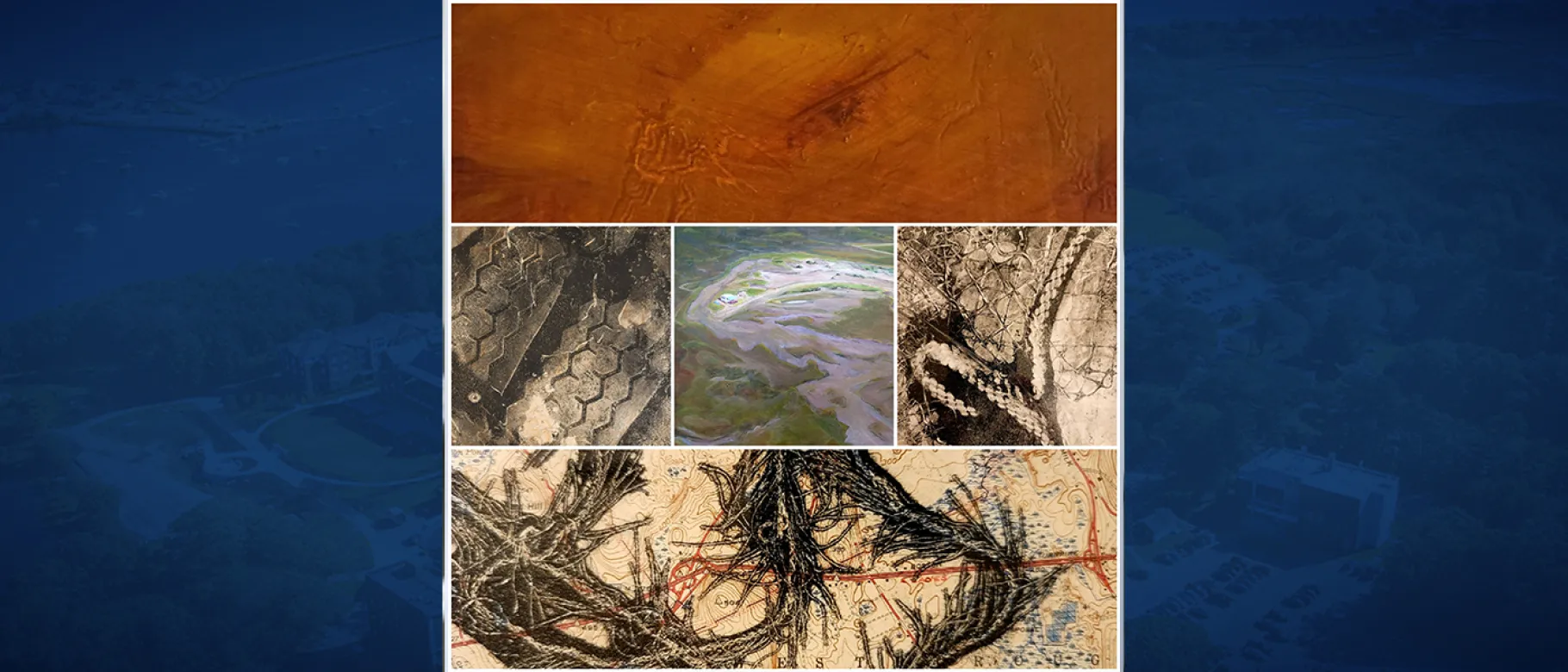 A collage of images from the exhibit "Paradox of Landscape" — includes prints and paintings of tire treads, waterways, and fisherman's rope