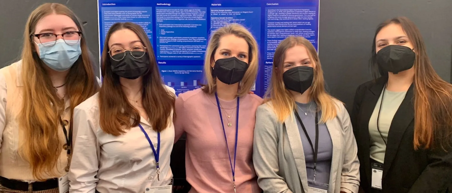 Photo of four students and faculty member standing in front of a poster they presented at a conference in New York City