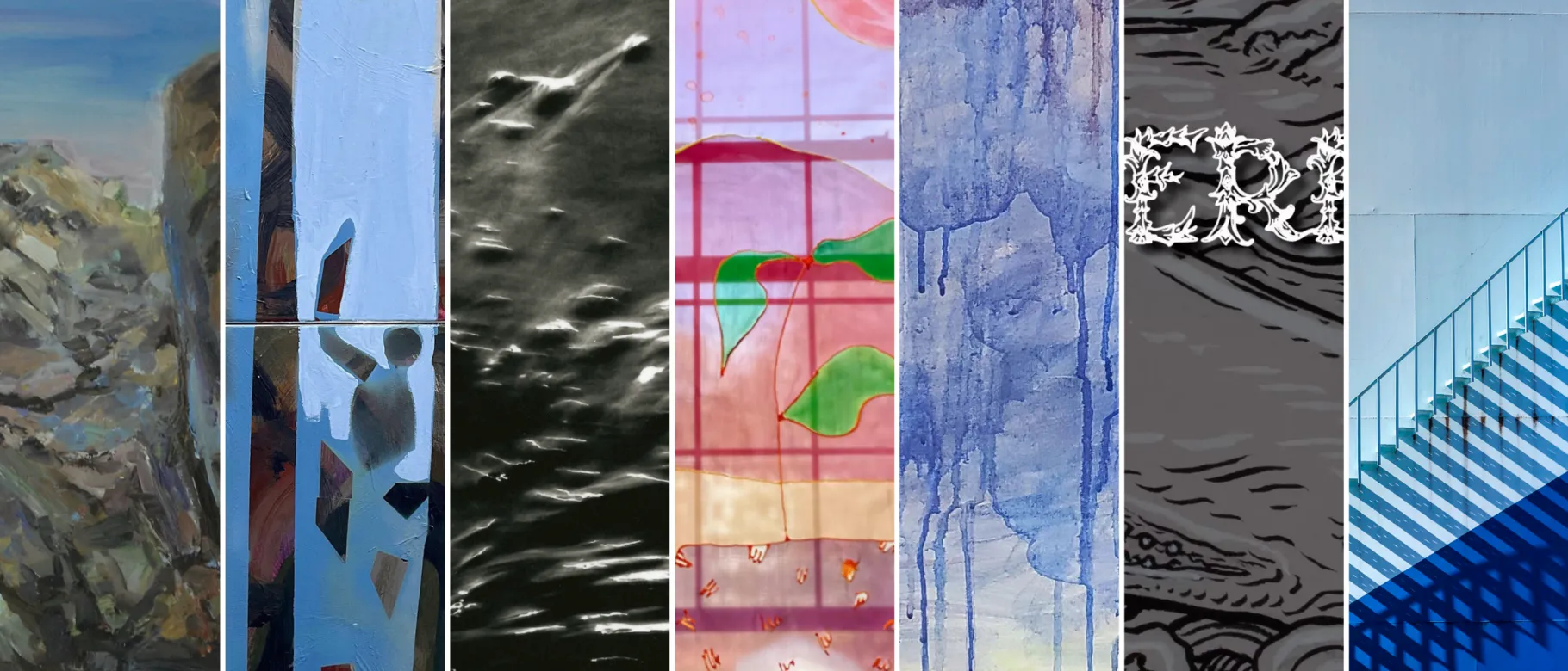 A collage of images from the upcoming exhibit, "River to the Sea," featuring art from UNE faculty