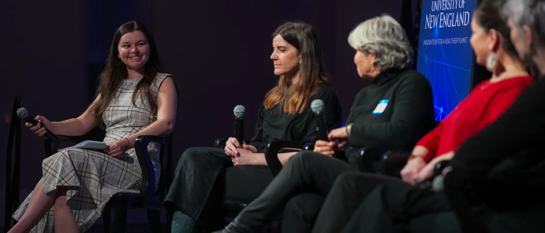 Shaw Innovation Fellow Emily Battye (A.B.S.N., ’26) leads a panel discussion in Girard Innovation Hall