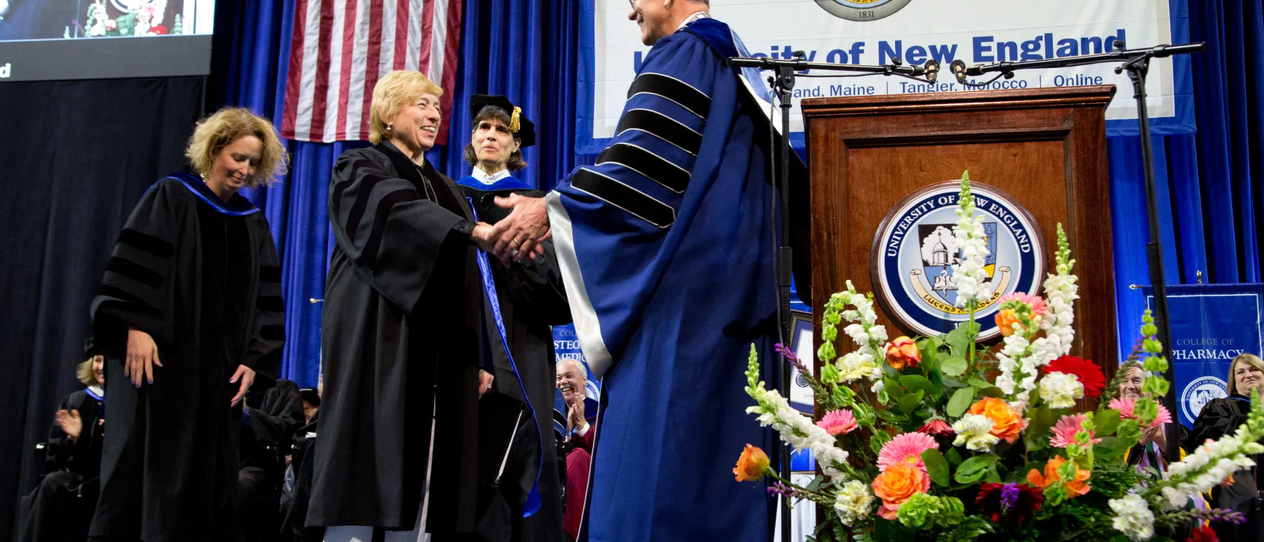 President James Herbert welcomes UNE Commencement speaker Governor Janet Mills