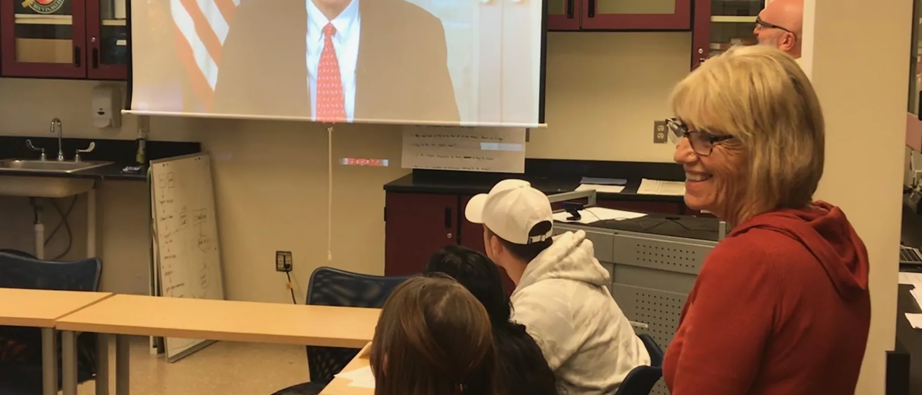 United States Senator Angus King speaks with students in the Exploring Education class via Skype