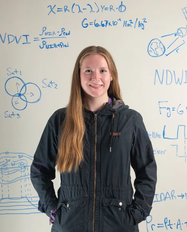 U N E student Katie DeWater surrounded by her GIS research