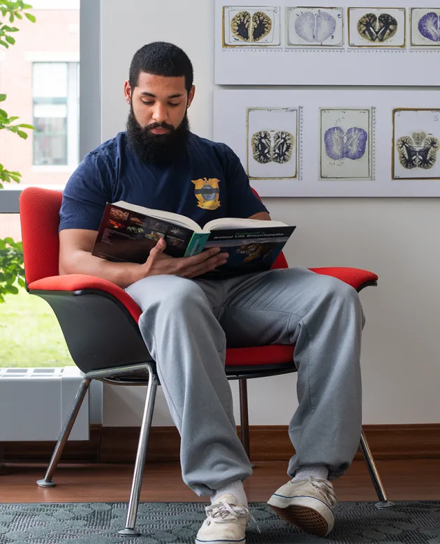 A student reads a class textbook in the Biddeford Campus Art Gallery