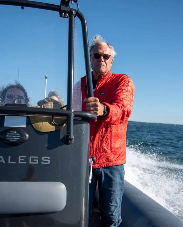 UNE Trustee Ford Reiche aboard the boat