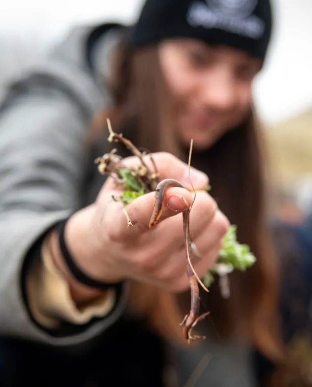 A student holds up an earthworm