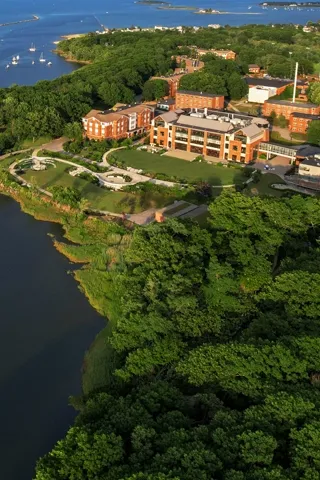 Aerial view of brick buildings surrounded by trees and next to an ocean