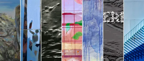 A collage of images from the upcoming exhibit, "River to the Sea," featuring art from UNE faculty