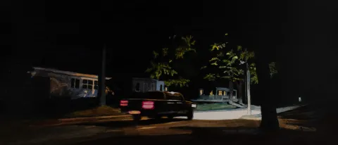 Watercolor painting of a car zooming down a road at night