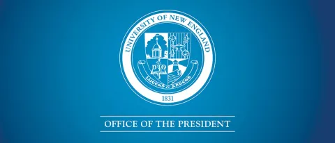 A white graphic with the UNE official seal and text saying "Office of the President" over a blue background