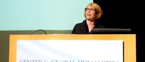 Rachel Carey Hall gives a lecture at the UNE Center for Global Humanities