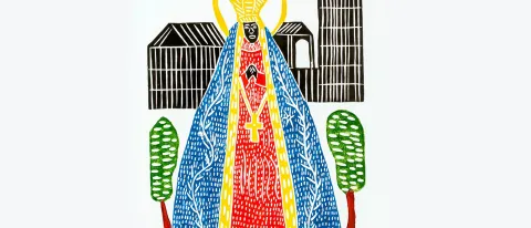 Nossa Senhora de Aparecida (Our Lady of Aparecida, Patroness of Brazil), by J. Borges, colored woodblock print, 26 x 19 inches, 