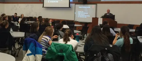 Don DelNegro athletic trainer to the Boston Bruins, speaks to students at UNE